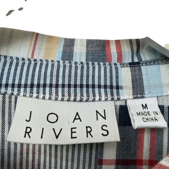 Joan Rivers Madras Shirt Size Medium Blue Plaid Womens Top Preppy Patchwork QVC - Picture 6 of 8
